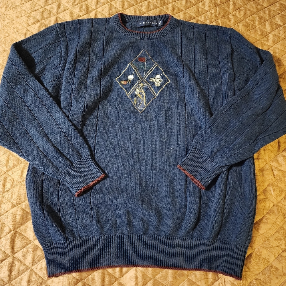 Vintage Mens Pinnacle Knitted Embroidered Golf Sweater Size Medium NWOT